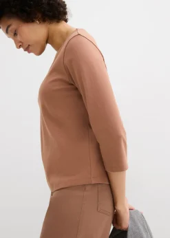 Hot Camiseta de punto grueso de algodón orgánico puro con mangas 3/4 Mujer Básicos|Camisetas