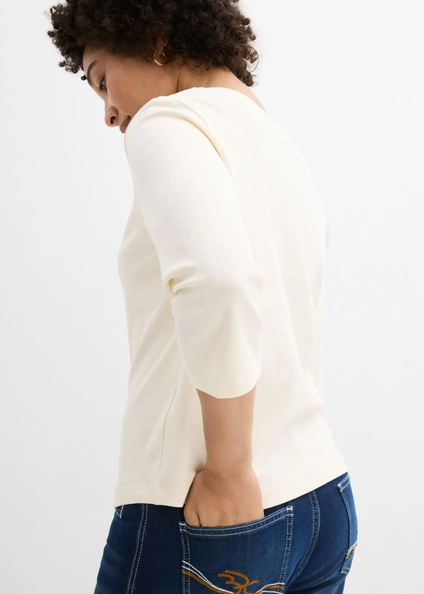 Online Camiseta de punto grueso de algodón orgánico puro con mangas 3/4 Mujer Básicos|Camisetas