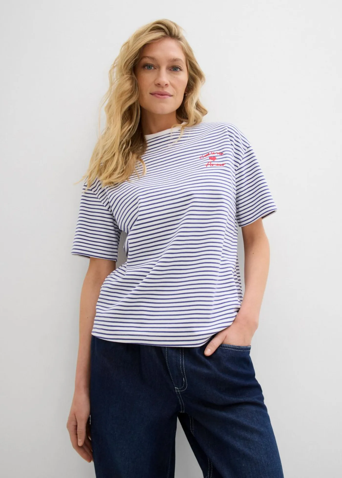 New Camiseta de rayas con bordado Mujer Camisetas