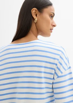 Clearance Camiseta de rayas de algodón orgánico con manga larga Mujer Esenciales|Camisetas