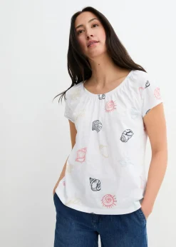 Clearance Camiseta estampada de algodón orgánico con cuello redondo Mujer Camisetas