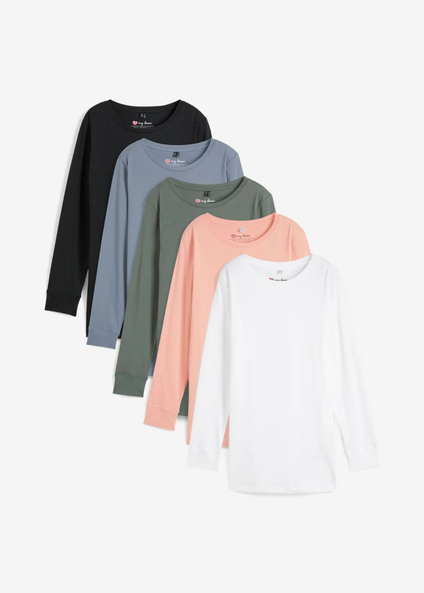 Camiseta larga con cuello redondo, manga larga (5 unidades) Mujer Básicos|Camisetas