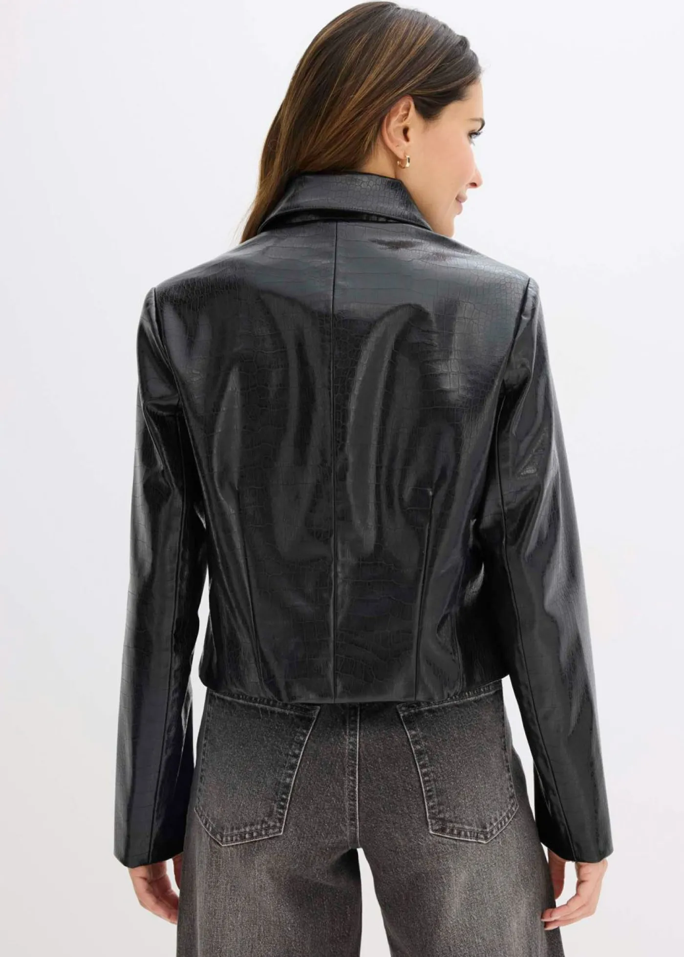 New Chaqueta corta de piel sintética con acabado de cocodrilo brillante Mujer Chaquetas Y Abrigos