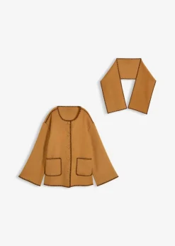 Clearance Chaqueta de lana con bordado decorativo (conjunto de 2 piezas con bufanda) Mujer Premium|Chaquetas Y Abrigos