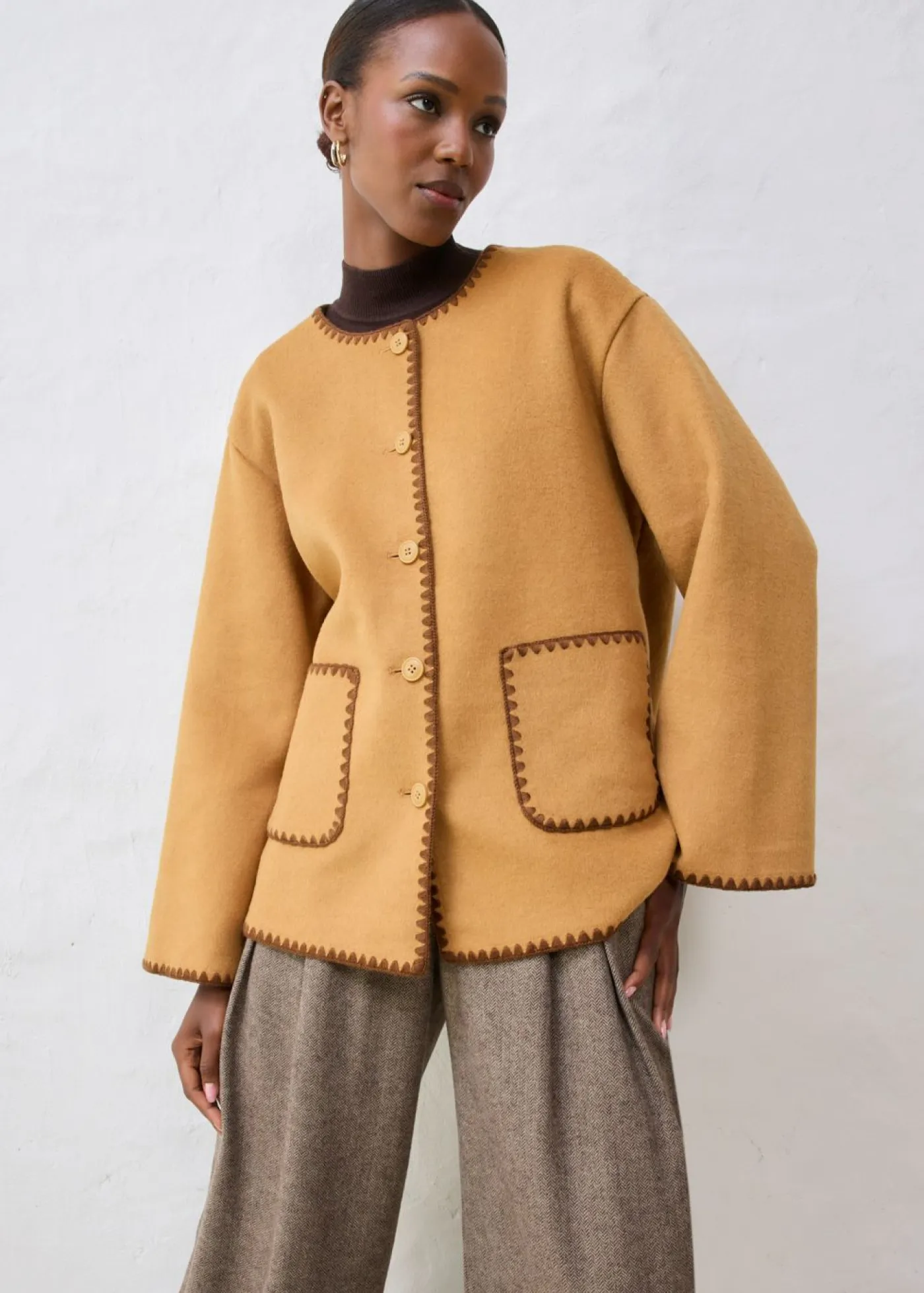 Clearance Chaqueta de lana con bordado decorativo (conjunto de 2 piezas con bufanda) Mujer Premium|Chaquetas Y Abrigos