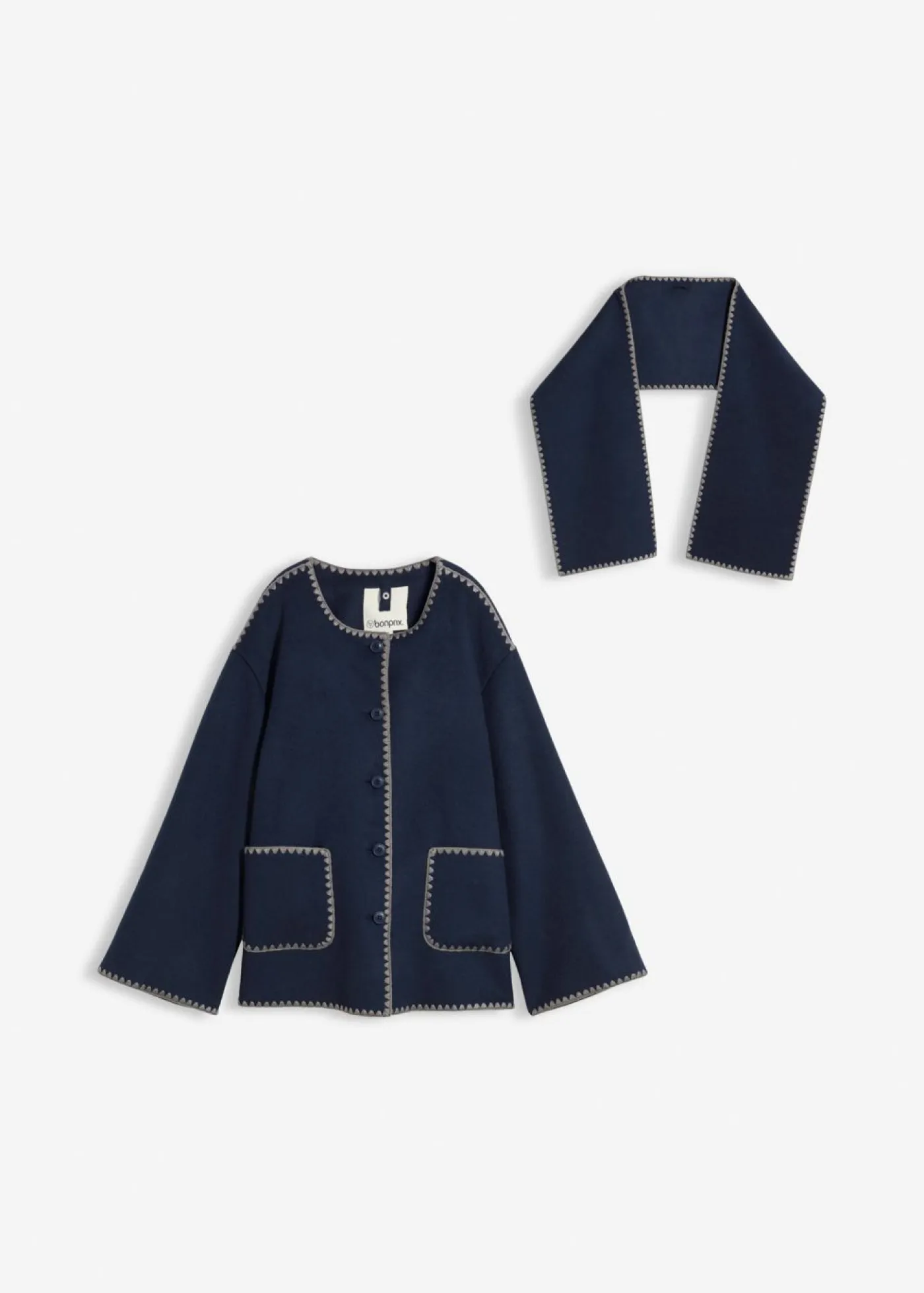 Hot Chaqueta de lana con bordado decorativo (conjunto de 2 piezas con bufanda) Mujer Premium|Chaquetas Y Abrigos