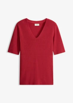Outlet Jersey de canalé de manga corta con viscosa Mujer Jerséis|Ropa De Punto