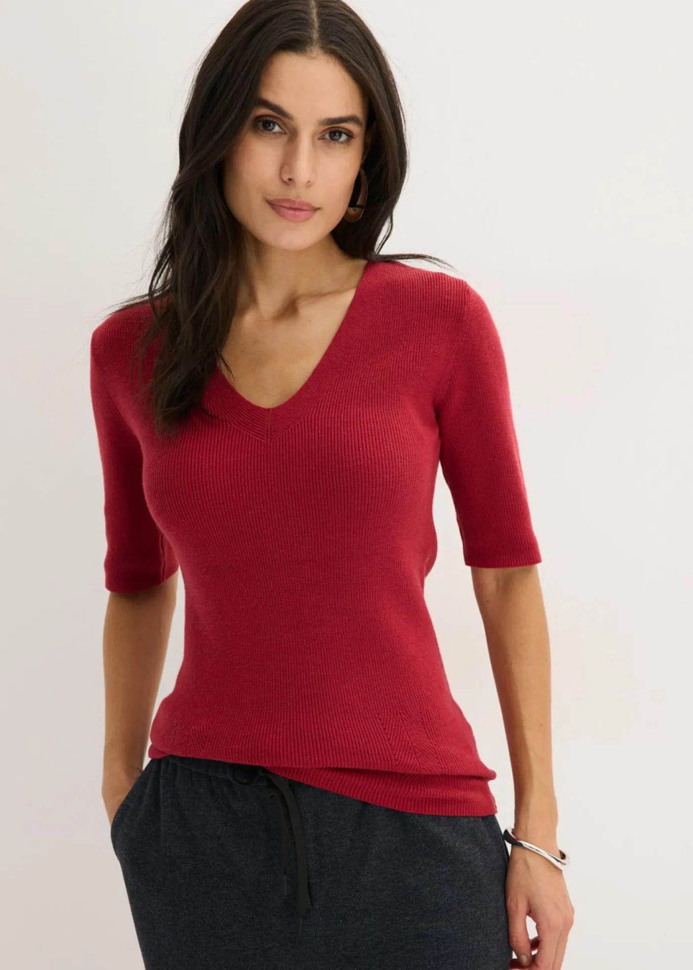 Outlet Jersey de canalé de manga corta con viscosa Mujer Jerséis|Ropa De Punto