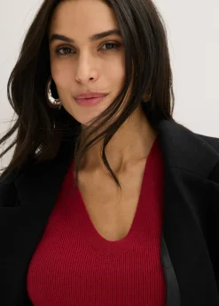 Outlet Jersey de canalé de manga corta con viscosa Mujer Jerséis|Ropa De Punto