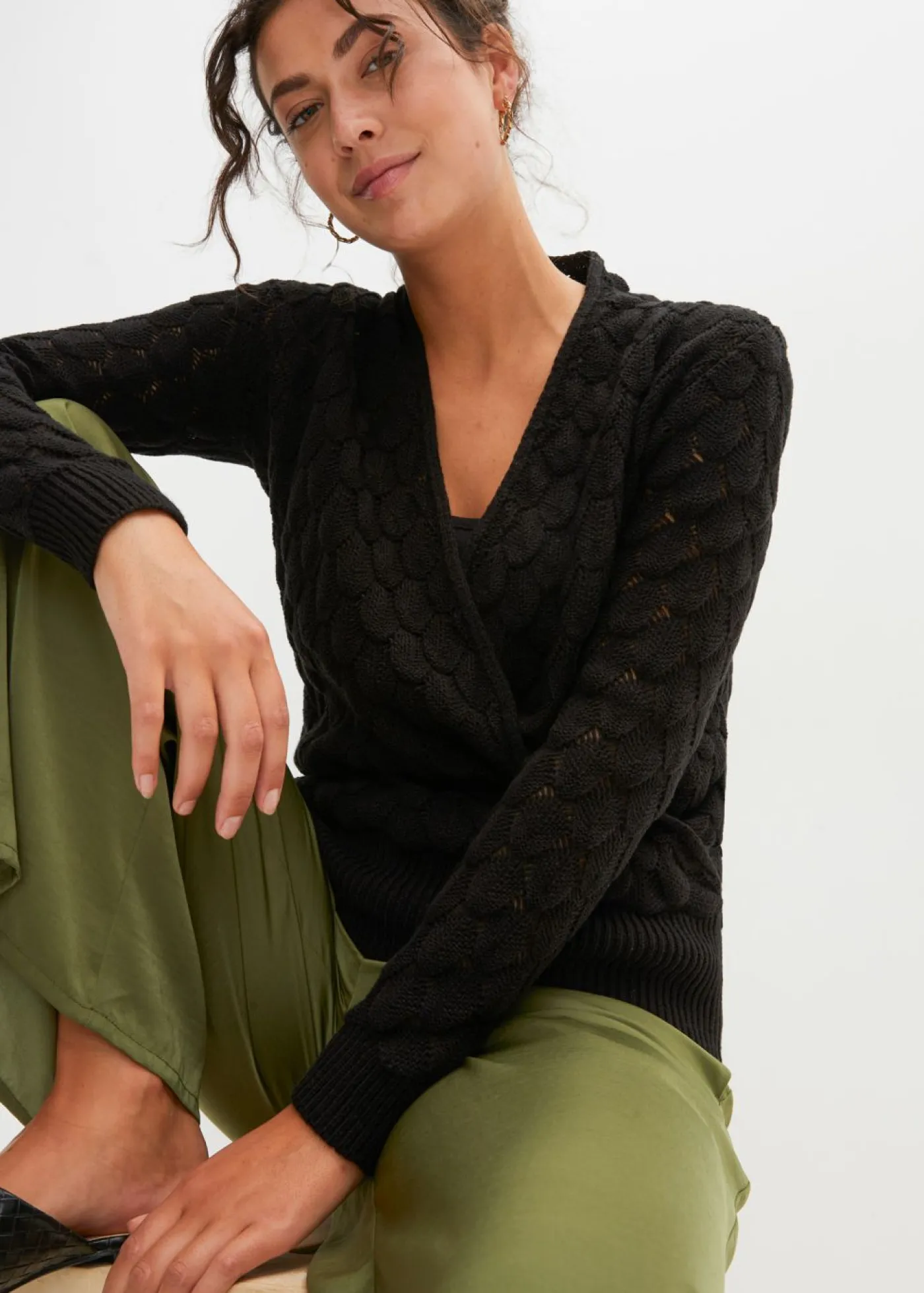 Online Jersey de punto ajour con aspecto cruzado Mujer Jerséis|Ropa De Punto