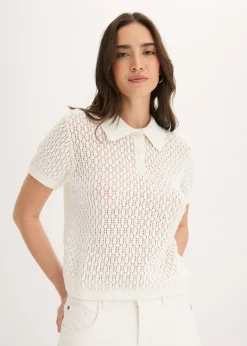 New Jersey de punto ajour de algodón puro Mujer Camisetas|Novedades