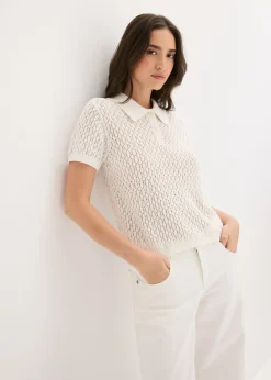 New Jersey de punto ajour de algodón puro Mujer Camisetas|Novedades