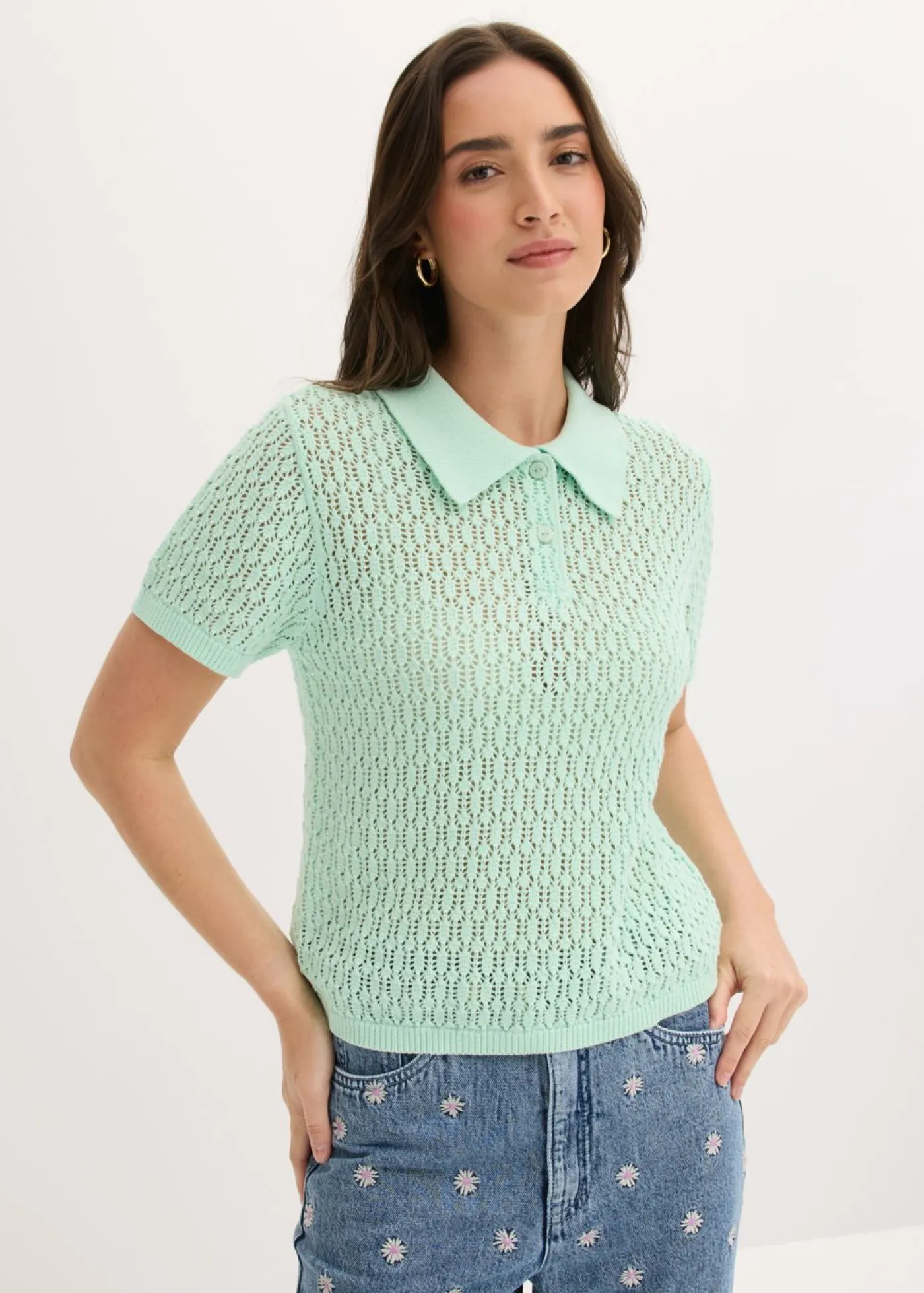 Outlet Jersey de punto ajour de algodón puro Mujer Camisetas|Novedades