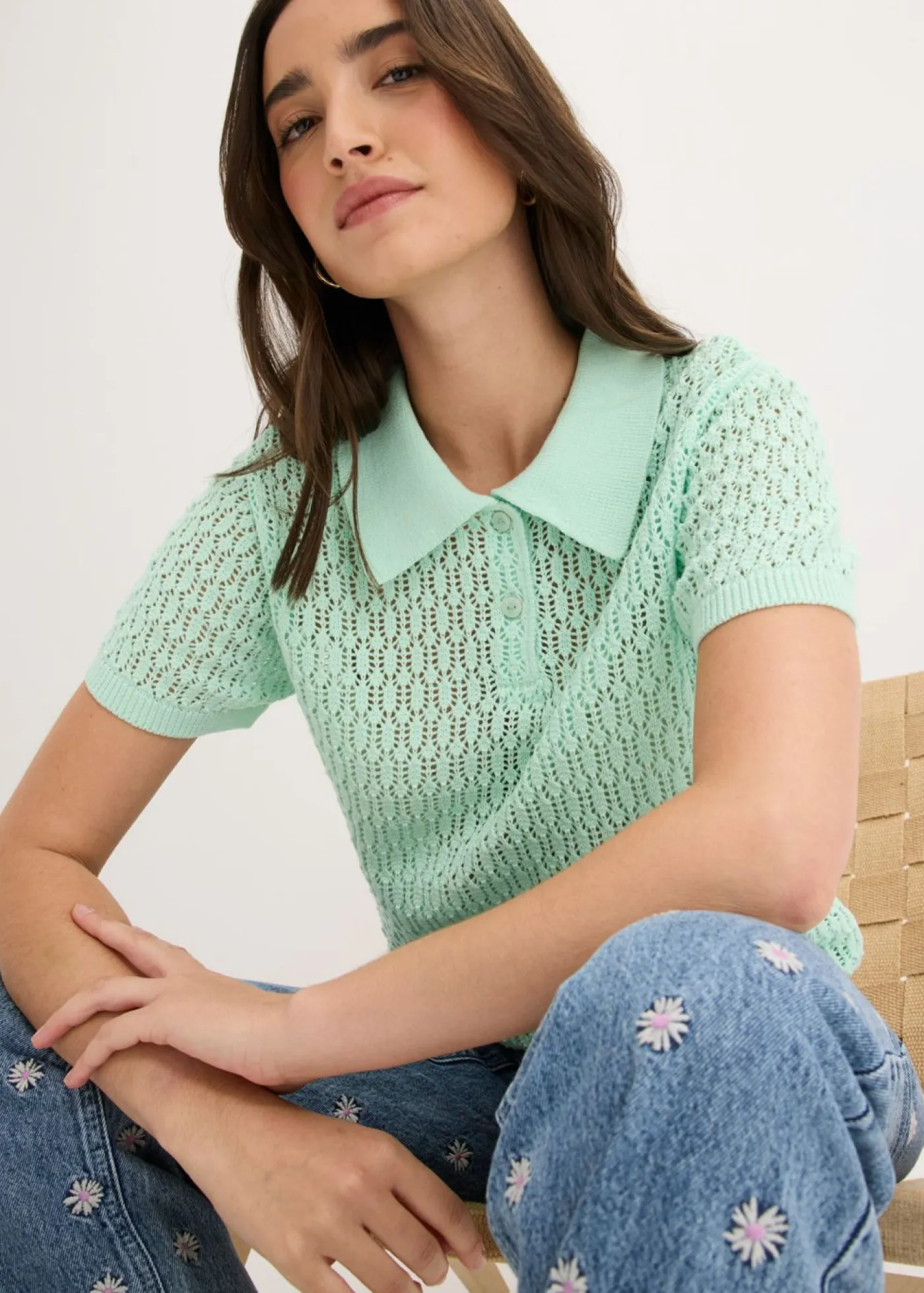 Outlet Jersey de punto ajour de algodón puro Mujer Camisetas|Novedades