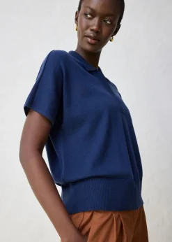 Jersey de punto fino con contenido de seda y cuello tipo polo Mujer Premium|Jerséis