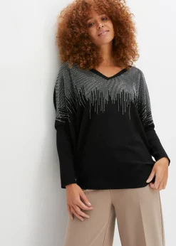 Outlet Jersey de punto fino con aplicación de piedras brillantes Mujer Jerséis|Ropa De Punto