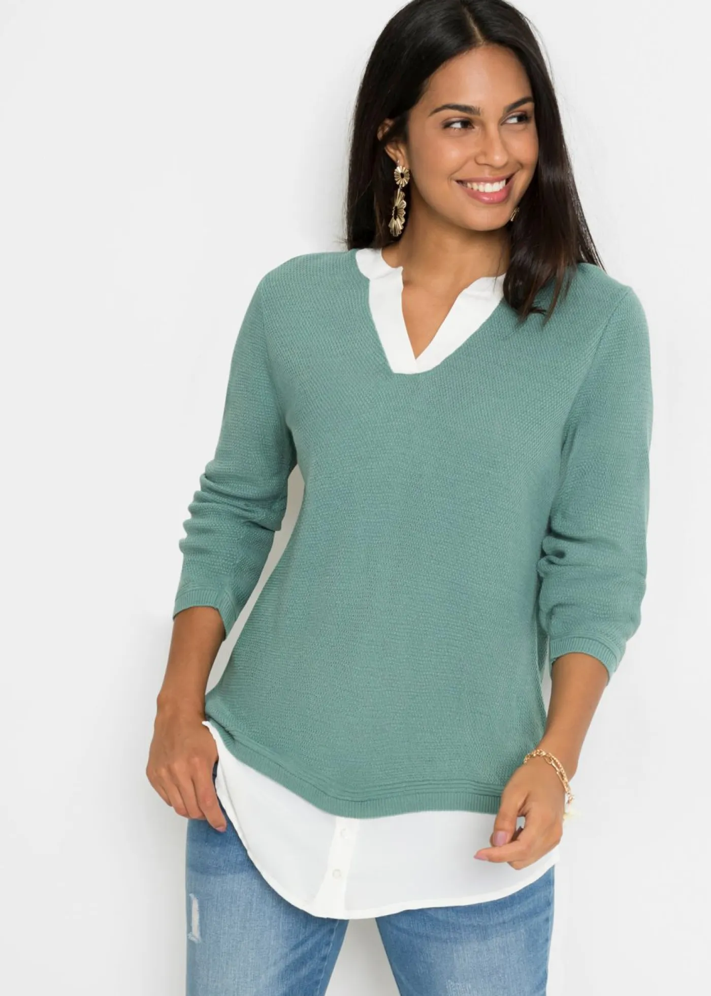 Jersey de punto fino con inserto de blusa Mujer Jerséis|Ropa De Punto