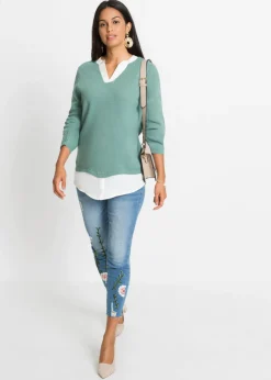 Jersey de punto fino con inserto de blusa Mujer Jerséis|Ropa De Punto