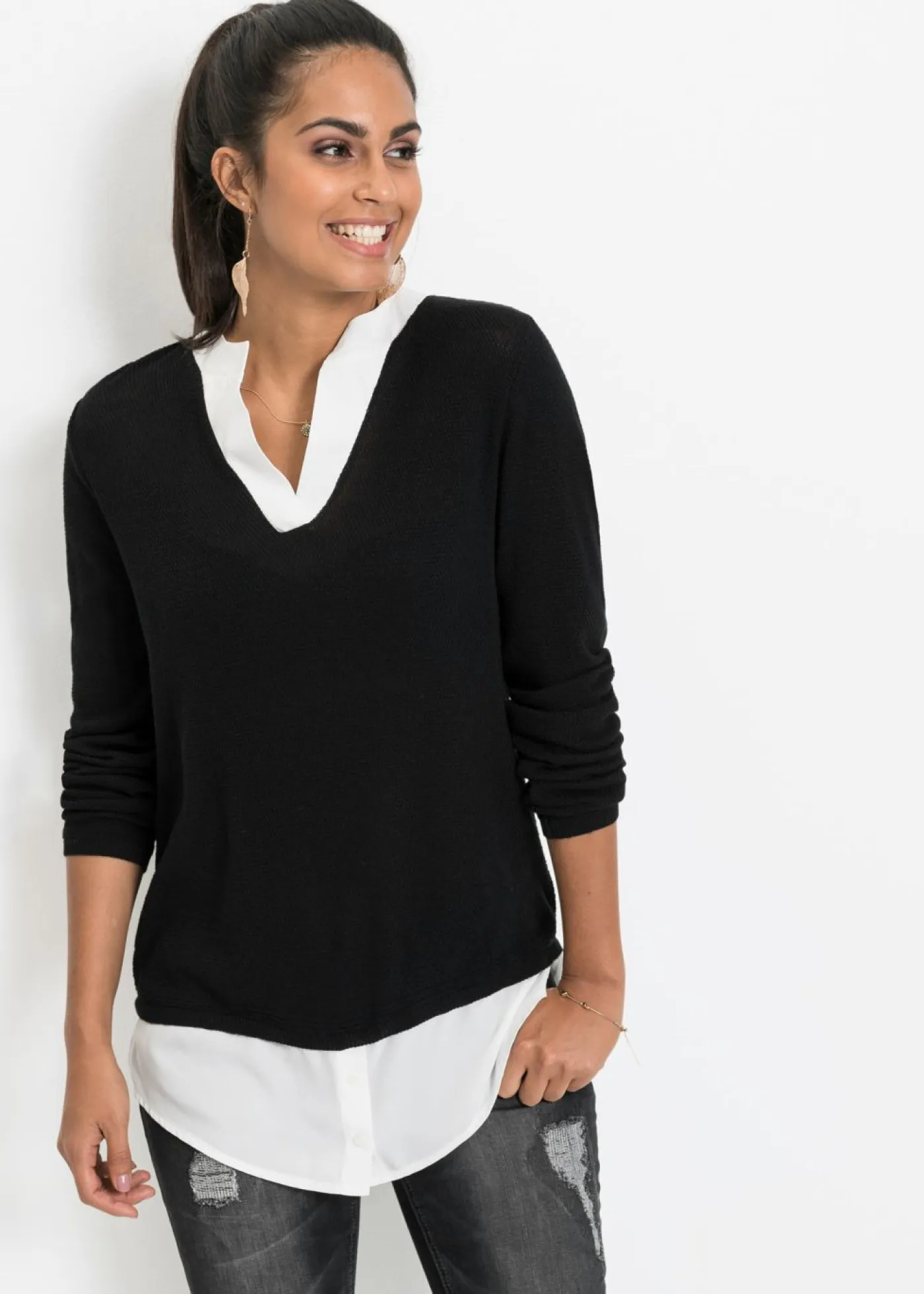 Clearance Jersey de punto fino con inserto de blusa Mujer Jerséis|Ropa De Punto