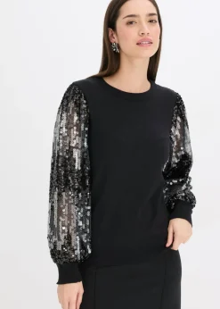 Outlet Jersey de punto fino con mangas de lentejuelas Mujer Jerséis|Ropa De Punto