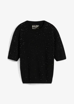 Sale Jersey de punto fino de media manga con piedras brillantes Mujer Jerséis|Ropa De Punto