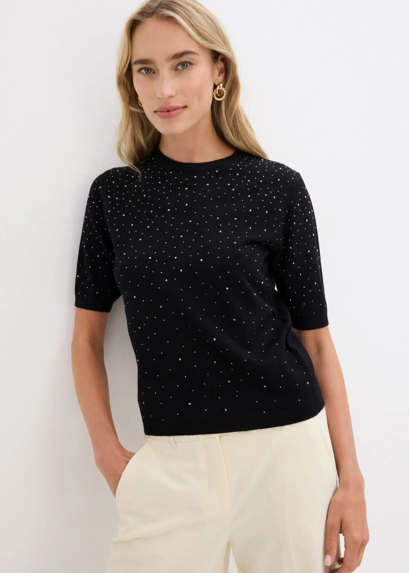 Sale Jersey de punto fino de media manga con piedras brillantes Mujer Jerséis|Ropa De Punto