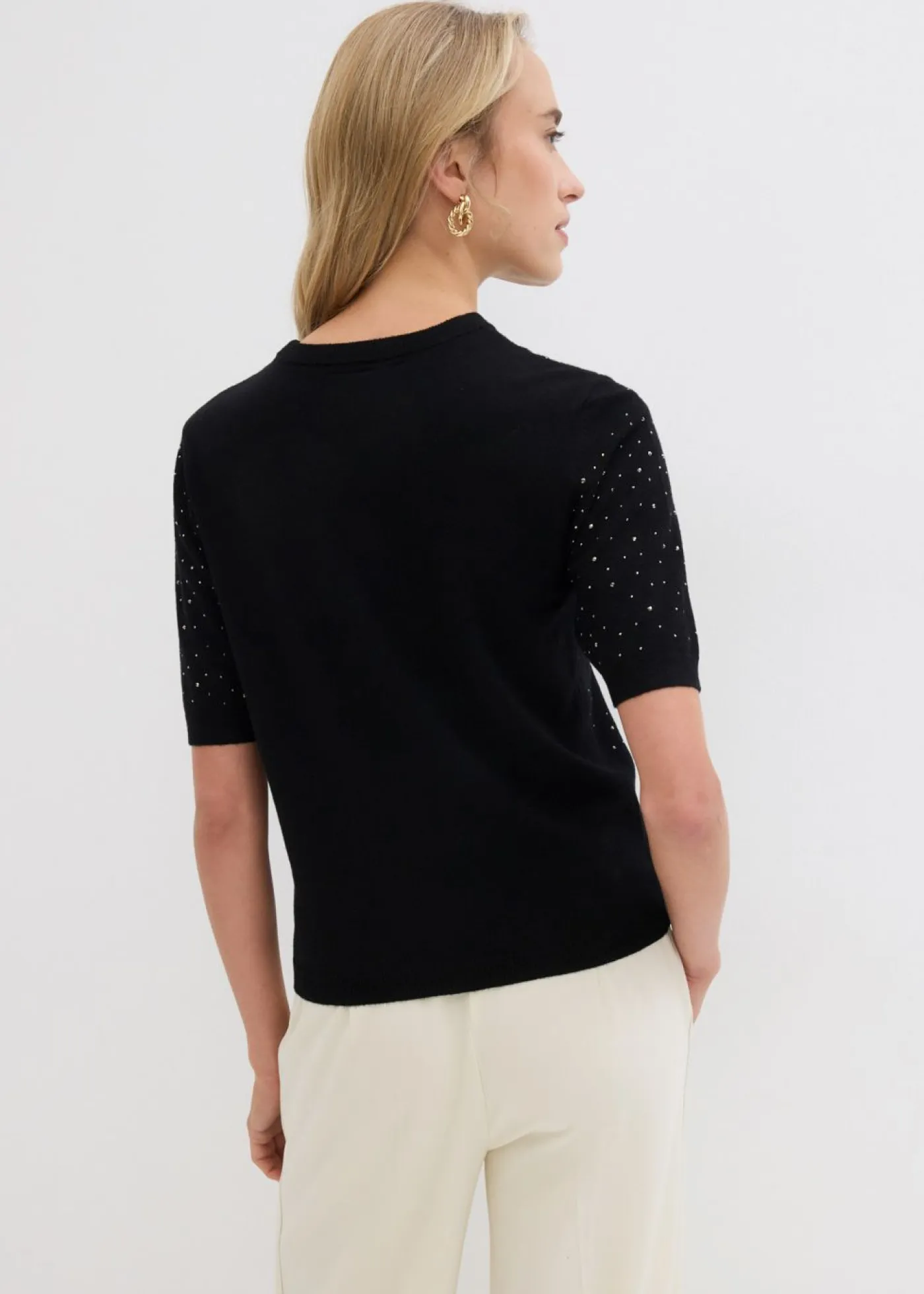 Sale Jersey de punto fino de media manga con piedras brillantes Mujer Jerséis|Ropa De Punto
