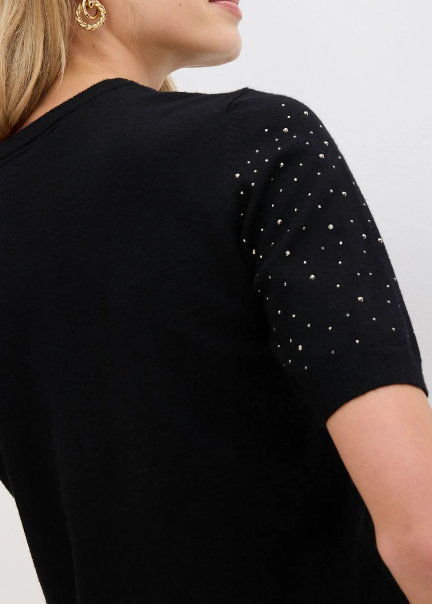 Sale Jersey de punto fino de media manga con piedras brillantes Mujer Jerséis|Ropa De Punto
