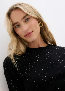 Sale Jersey de punto fino de media manga con piedras brillantes Mujer Jerséis|Ropa De Punto