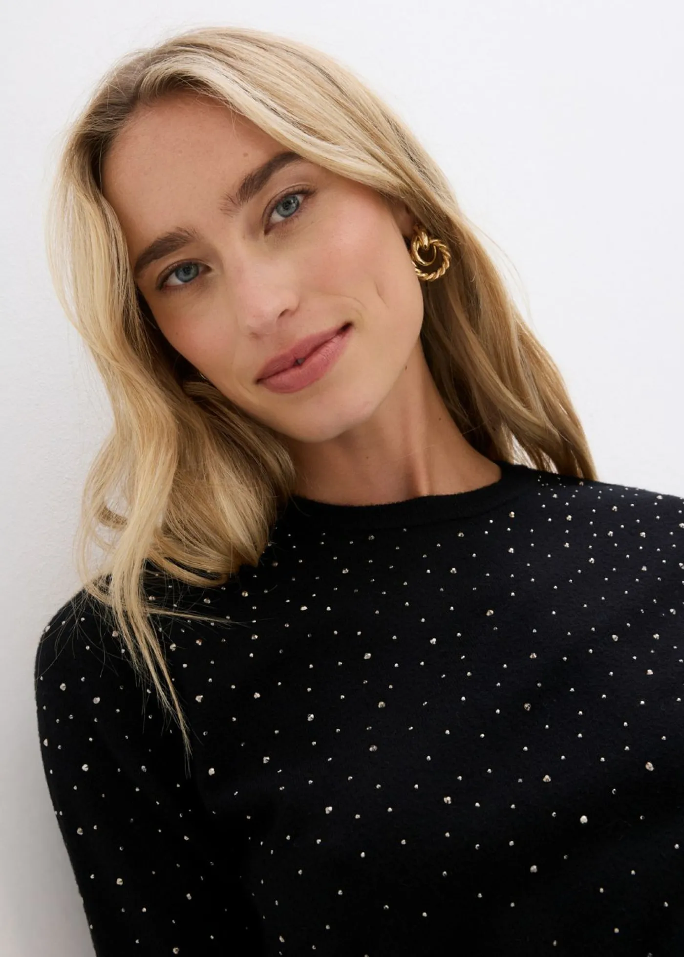 Sale Jersey de punto fino de media manga con piedras brillantes Mujer Jerséis|Ropa De Punto