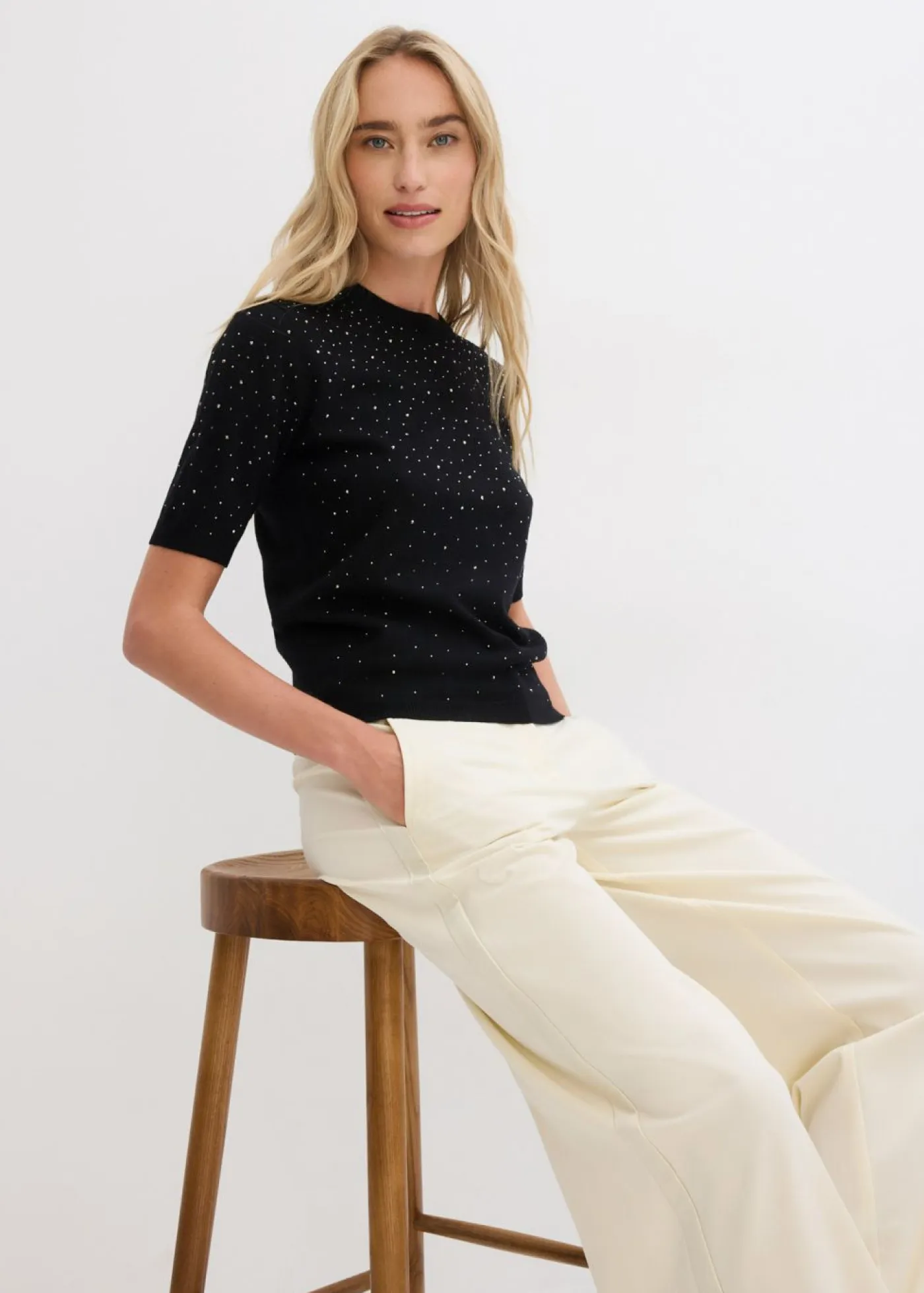 Sale Jersey de punto fino de media manga con piedras brillantes Mujer Jerséis|Ropa De Punto