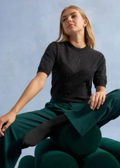 Sale Jersey de punto fino de media manga con piedras brillantes Mujer Jerséis|Ropa De Punto