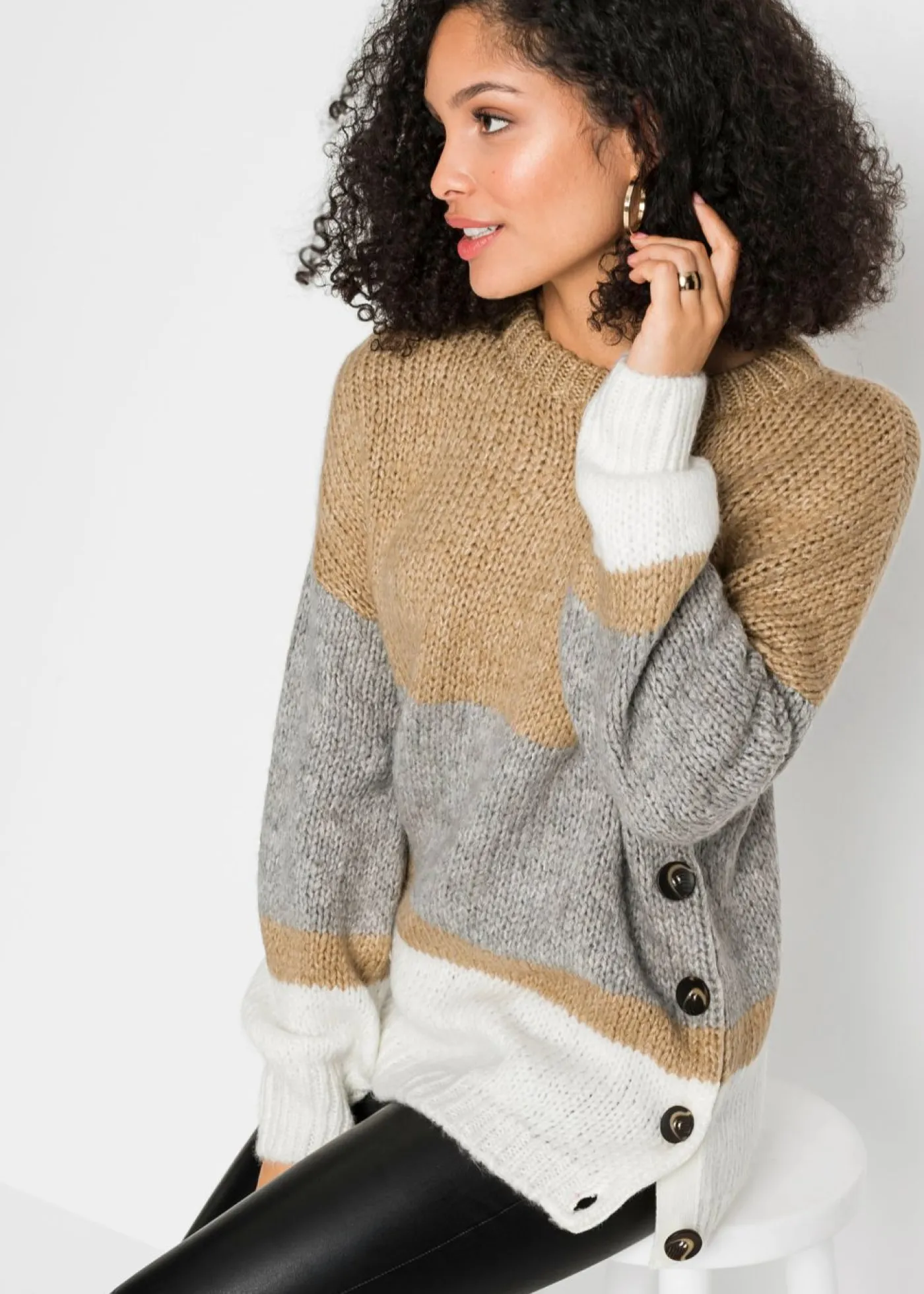 Sale Jersey de rayas de corte holgado con botones Mujer Jerséis|Ropa De Punto