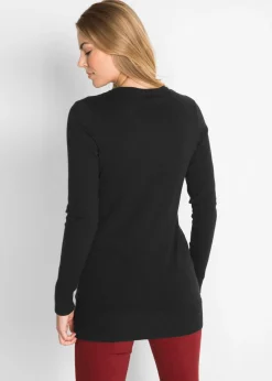 New Jersey largo básico, de punto fino, con escote en V Mujer Básicos|Jerséis