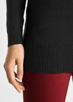 New Jersey largo básico, de punto fino, con escote en V Mujer Básicos|Jerséis