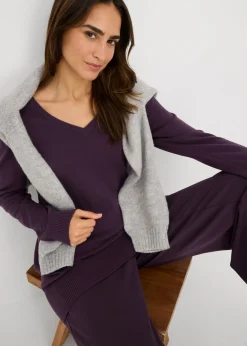 Online Jersey largo básico, de punto fino, con escote en V Mujer Básicos|Jerséis