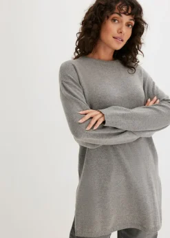 Online Jersey largo de punto fino con aberturas laterales en mezcla de viscosa Mujer Jerséis|Ropa De Punto