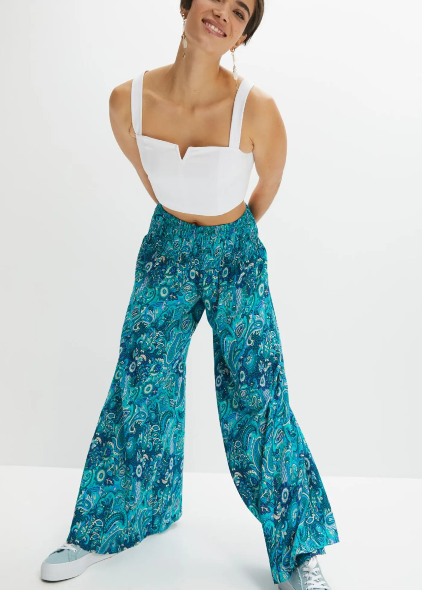 Best Pantalón ancho con cintura de nido de abeja Mujer Pantalones|Tallas Pequeñas