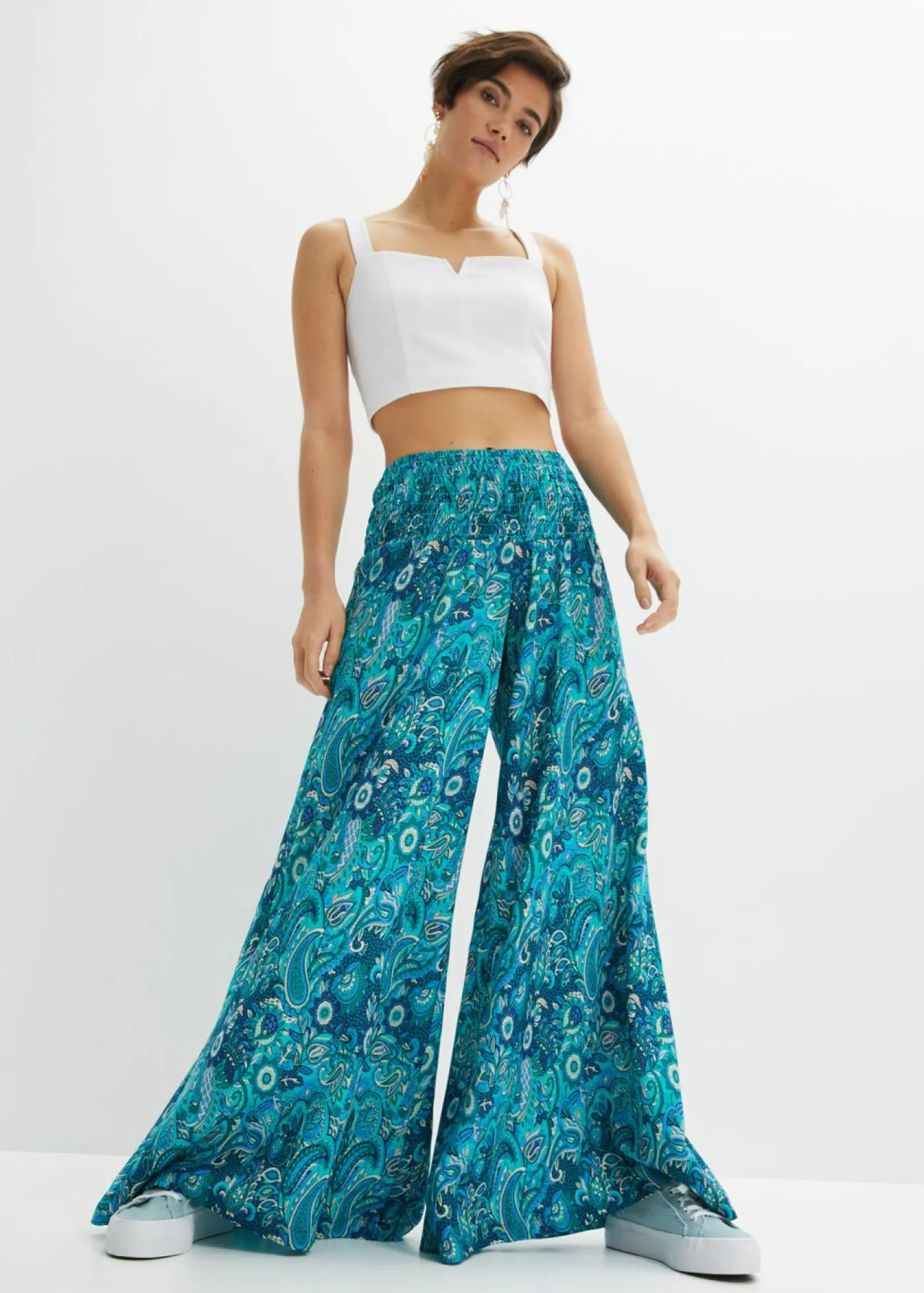 Best Pantalón ancho con cintura de nido de abeja Mujer Pantalones|Tallas Pequeñas