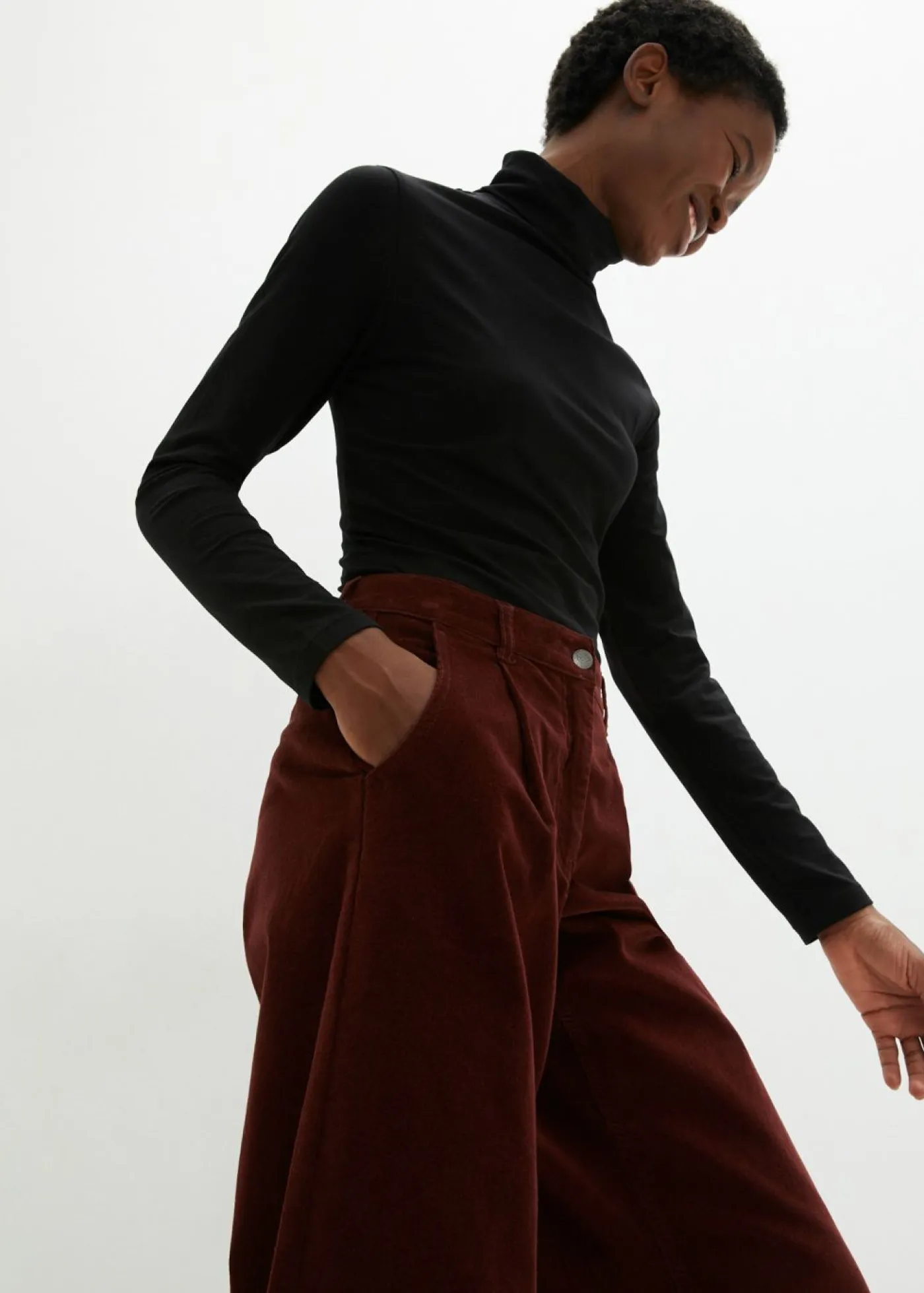Best Pantalón ancho de pana elástica con cintura cómoda high waist, largo 7/8 Mujer Pantalones