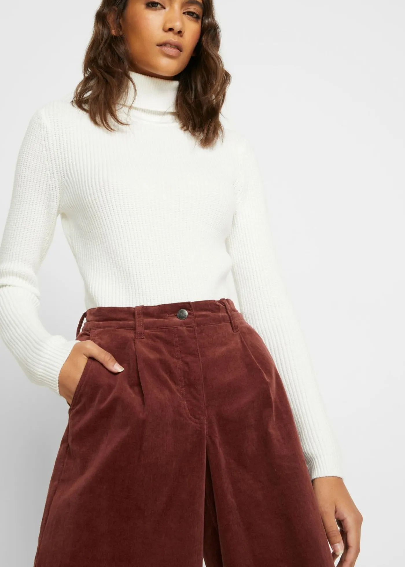 Best Pantalón ancho de pana elástica con cintura cómoda high waist, largo 7/8 Mujer Pantalones