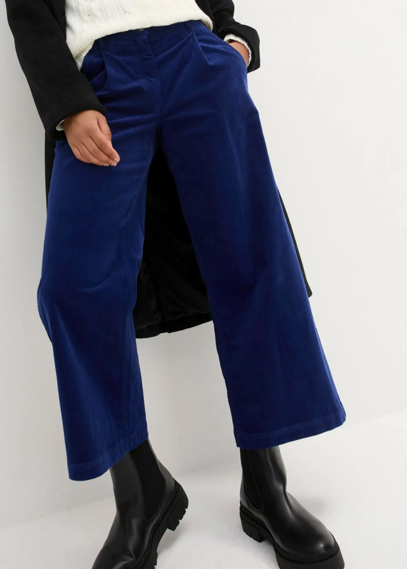 Hot Pantalón ancho de pana elástica con cintura cómoda high waist, largo 7/8 Mujer Pantalones