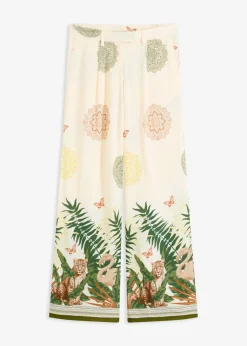 New Pantalón ancho de viscosa con estampado en el borde Mujer Pantalones