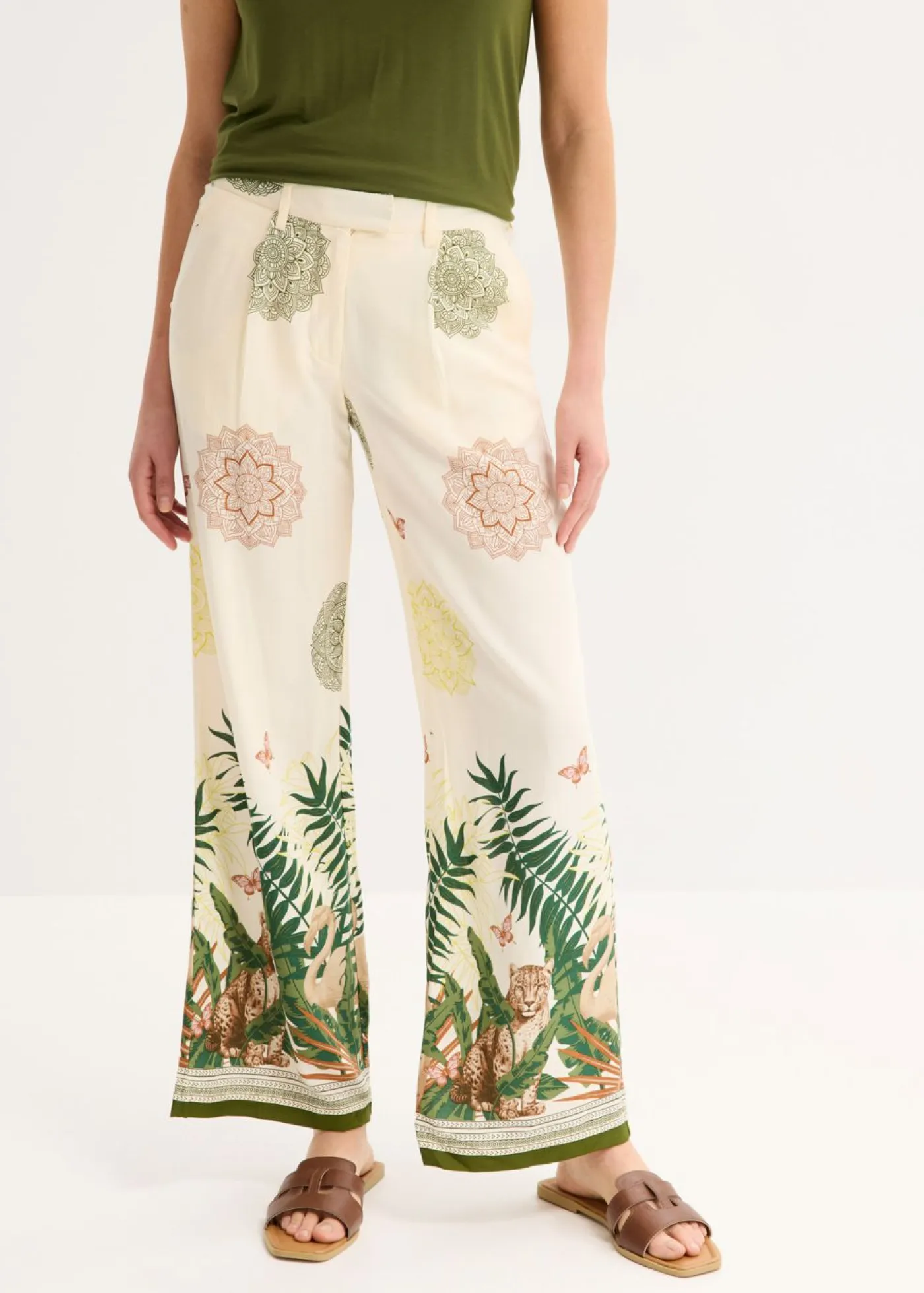 New Pantalón ancho de viscosa con estampado en el borde Mujer Pantalones