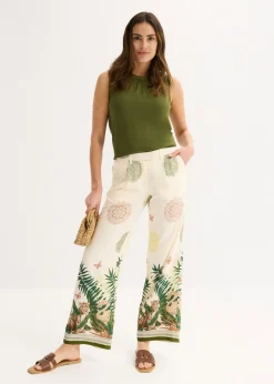 New Pantalón ancho de viscosa con estampado en el borde Mujer Pantalones