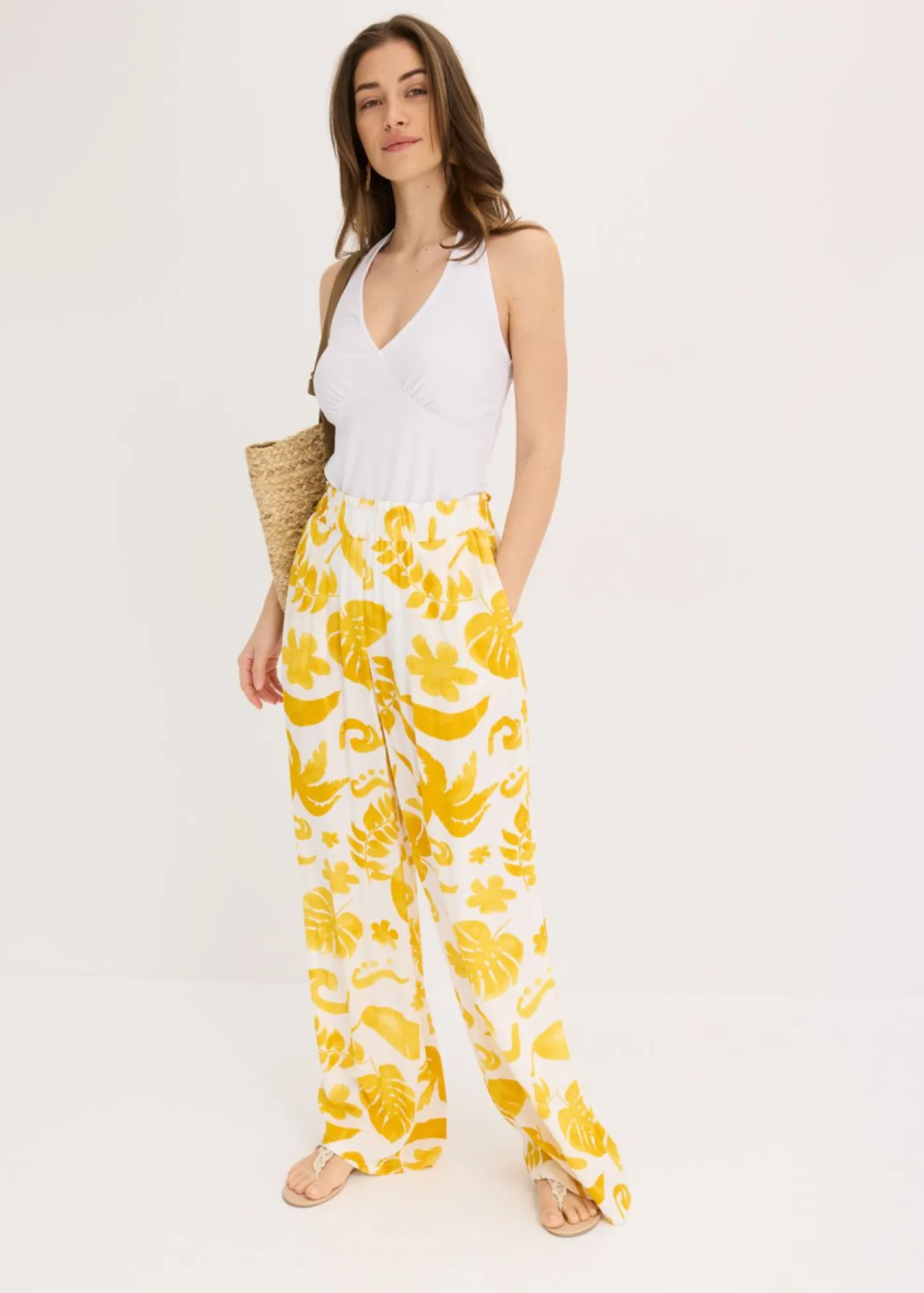 Sale Pantalón ancho estampado de viscosa estructurada Mujer Pantalones