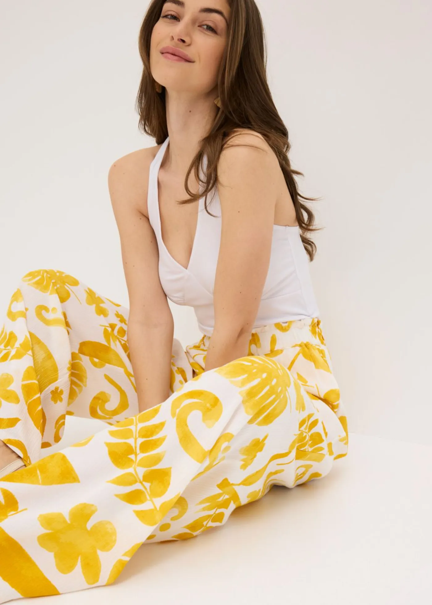 Sale Pantalón ancho estampado de viscosa estructurada Mujer Pantalones