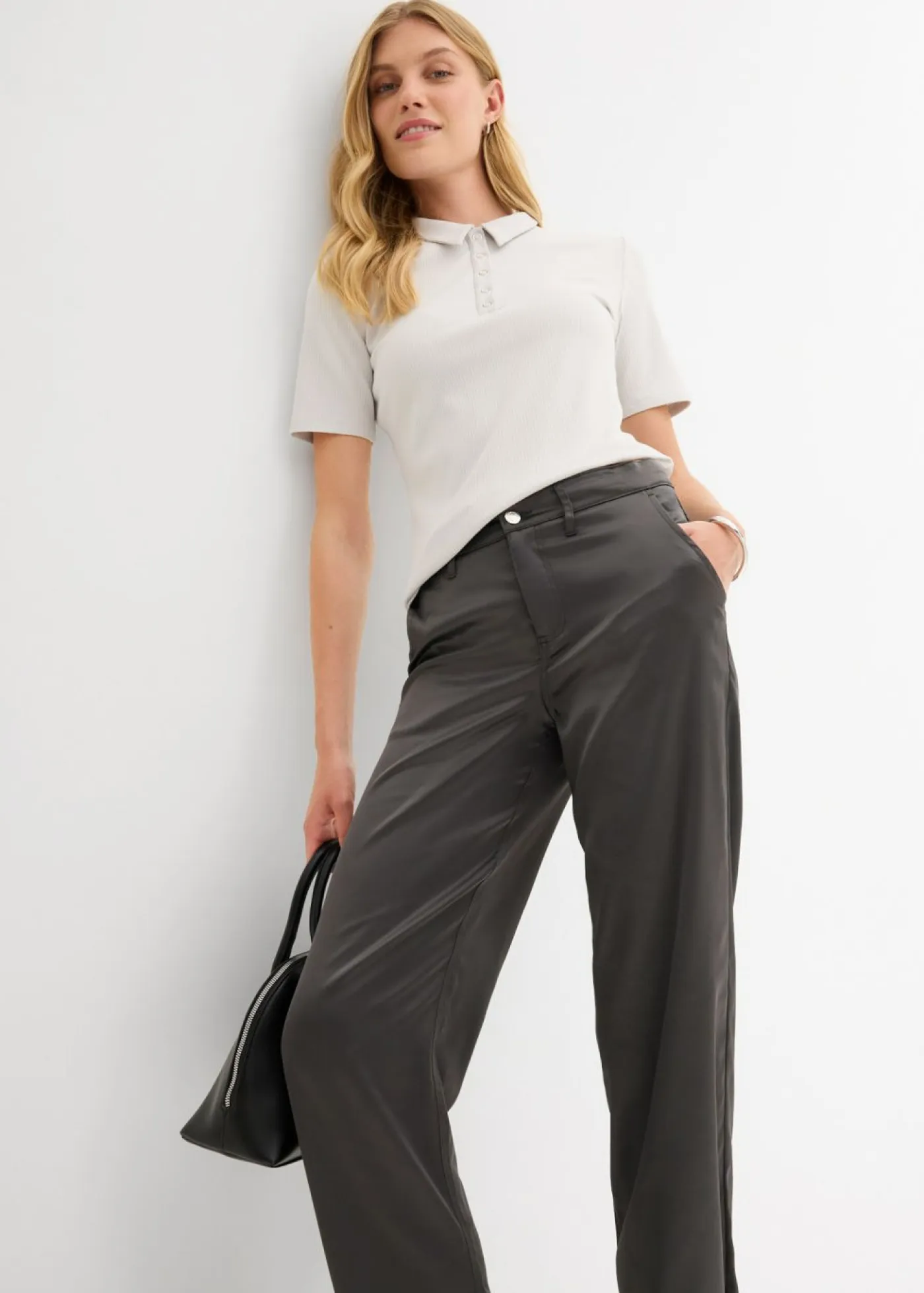 New Pantalón barrel con satén fluido Mujer Pantalones