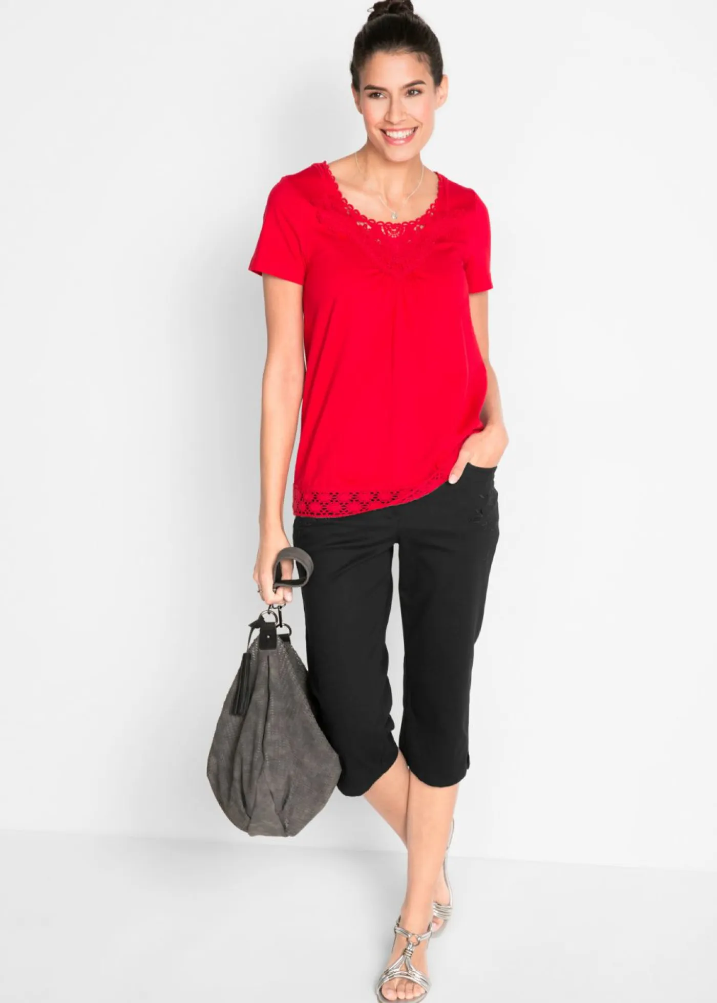 Clearance Pantalón capri de algodón con cintura cómoda y aberturas laterales Mujer Pantalones