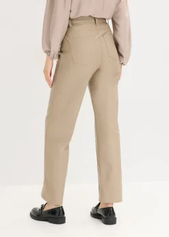 Pantalón con pernera recta de piel sintética con ribete Mujer Pantalones